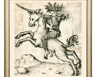 Wildeman on a Unicorn, Medieval Rennaissance Art Print, Unicorn Art, Middle Ages Wall Art, Medieval Drawing, Man Riding Unicorn, Weird Art