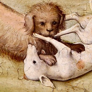 May include: A painting depicting two dogs, one brown and one white, engaged in playful interaction. The brown dog has its paws on the white dog's back, while the white dog looks away.