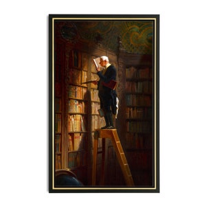 May include: A man in a dark suit and white cravat stands on a wooden ladder in a library, reaching for a book on a high shelf. The library is filled with bookshelves, and the shelves are full of books. The man is looking at the book, and he is holding a book in his other hand.