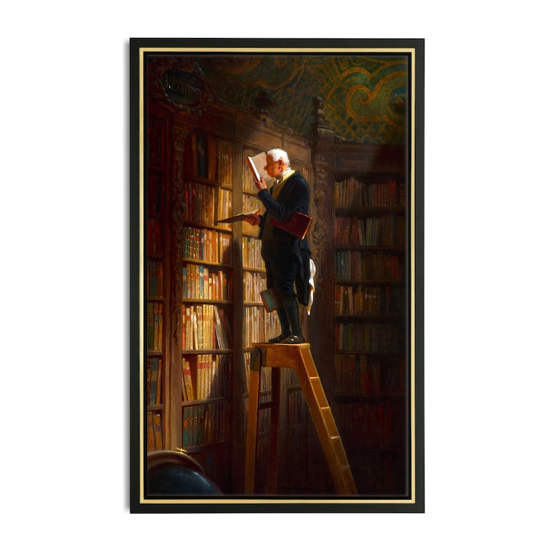 May include: A man in a dark suit and white cravat stands on a wooden ladder in a library, reaching for a book on a high shelf. The library is filled with bookshelves, and the shelves are full of books. The man is looking at the book, and he is holding a book in his other hand.