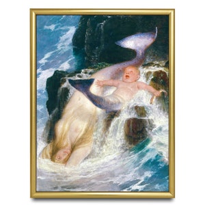 Silly Baby Mermaid Art, Arnold Bocklin, High Quality Art Print, Playful Mermaids, Vintage Mermaid Painting, Beach Art, Beach House Decor
