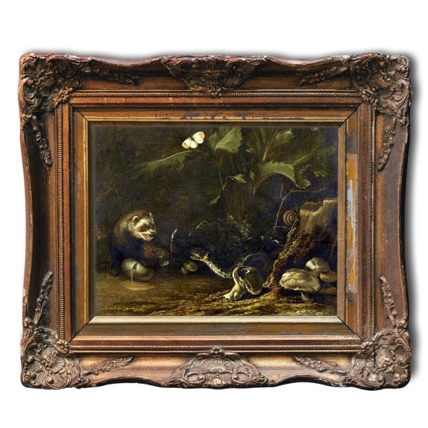 17th Century Strange Forest Animal Art, Ferret and Snake, Dark Creepy Still Life, Renaissance Art, Forest Undergrowth, 1600, Ferret Art