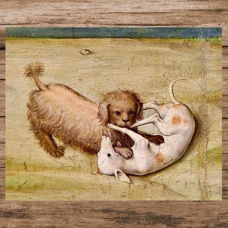 May include: A painting depicting two dogs engaged in a fight. The dog on the left is brown and white, while the dog on the right is white with brown spots. The dogs are set against a light brown background.