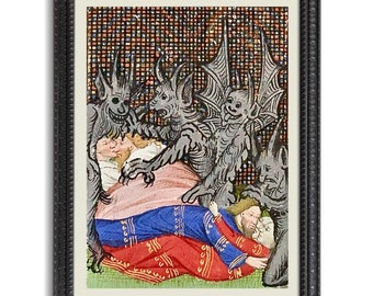 Medieval Manuscript Art, 5x7 Print, Demons and Fornicators, The Hours, French Medieval Art, Devils and Lovers in Bed, Funny Bedroom Art,