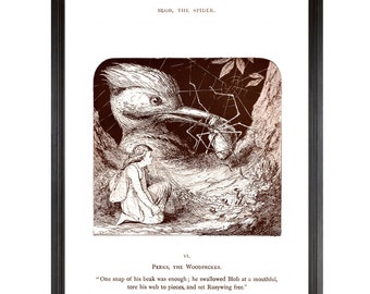 Fairy and Spider Victorian Illustration Art Print, Fairy Wall Art, Spider Web, Woodpecker Drawing, Antique Black and White Fairy Book Art