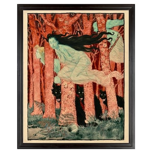 May include: Framed artwork depicting a surreal forest scene. A woman with long black hair floats through the air, surrounded by black dogs and red-toned trees. The artwork has a vintage, illustrative style.