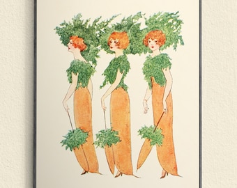 Vintage Carrot Ladies Art Print, Whimsical Garden Kitchen Decor, Vegetable Illustration