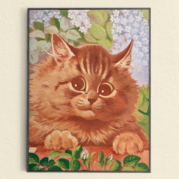1900s Cute Brown Tabby Cat Art Print, Louis Wain Cat Art, Reproduction Vintage Cat Illustration, A Quick Peek, Cat Cartoon, Whimsical Art