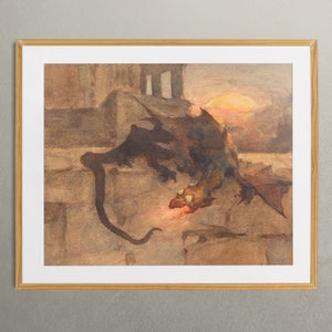 May include: A framed watercolor painting of a dragon with a long tail, wings, and glowing green eyes. The dragon is breathing fire. The artwork is set against a backdrop of a stone structure and a sunset.