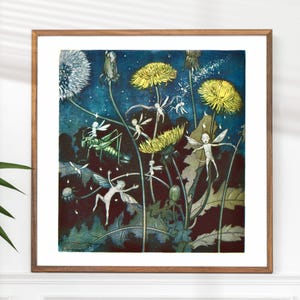 May include: A framed print featuring a whimsical illustration of fairies dancing among dandelions and other plants. The artwork has a dark blue background with yellow and white flowers, and a green grasshopper.