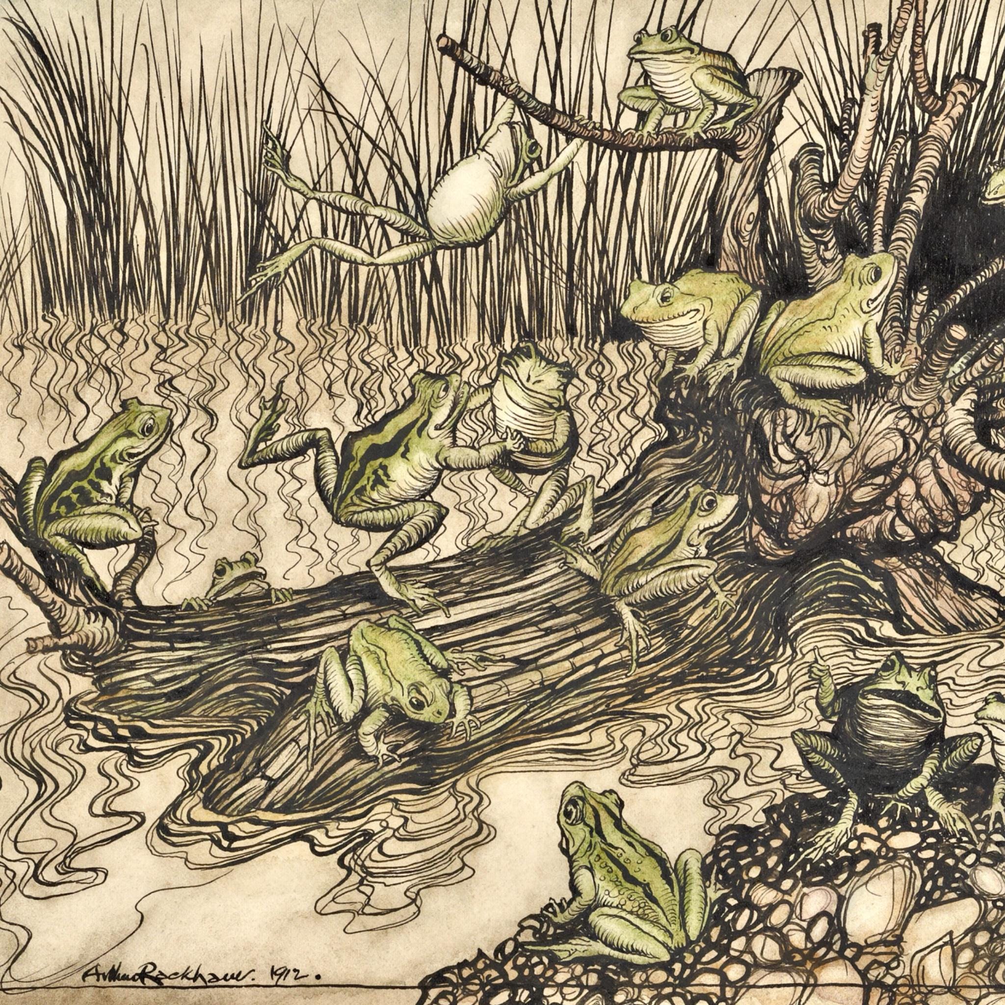 Playful Frogs Art Print, Reproduction Vintage Illustration, Arthur