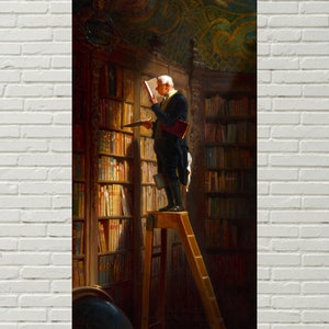 May include: A man in a dark suit and white shirt stands on a wooden stepladder in a library, reaching for a book on a high shelf. The library is filled with bookshelves, and the shelves are full of books. The man is looking at the book, and he is holding a book in his other hand.
