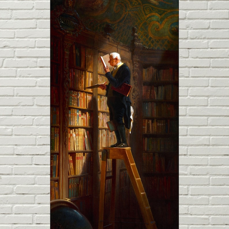 May include: A man in a dark suit and white shirt stands on a wooden stepladder in a library, reaching for a book on a high shelf. The library is filled with bookshelves, and the shelves are full of books. The man is looking at the book, and he is holding a book in his other hand.