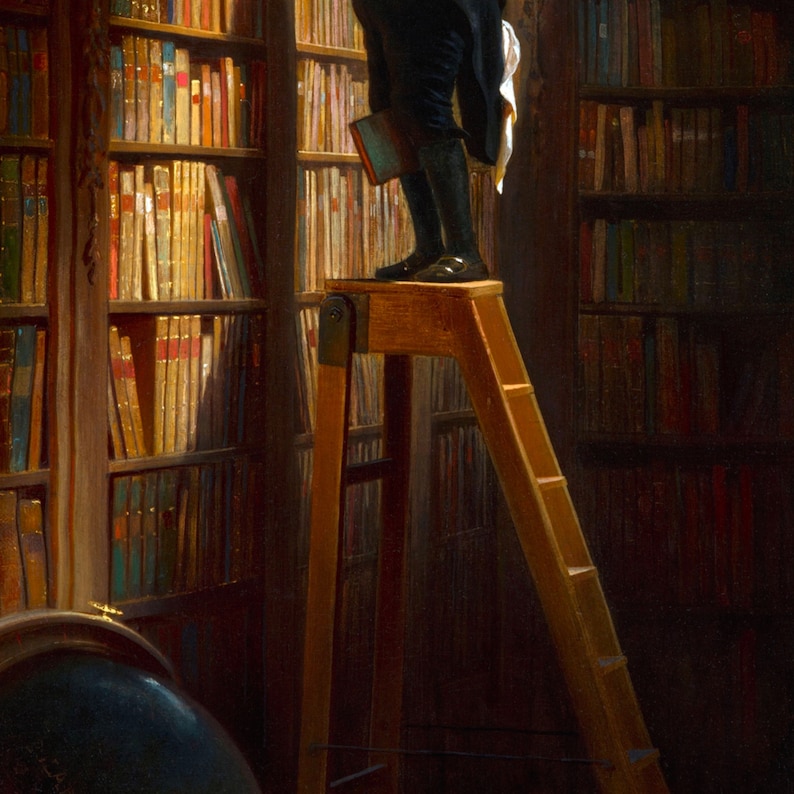 May include: A wooden stepladder with a person standing on the top step reaching for a book on a high shelf in a library. The shelves are filled with books, and the room is dimly lit.