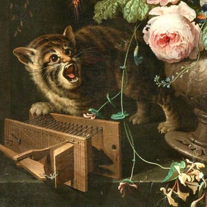 Weird Cat Renaissance Still Life, Cat Knocking Over a Vase of Flowers ...