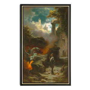 Antique Dragon Art, Vintage Dragon Painting, The Sorcerer, High Quality Art Print, Carl Spitzweg, Fantasy Painting with Castle and Dragon