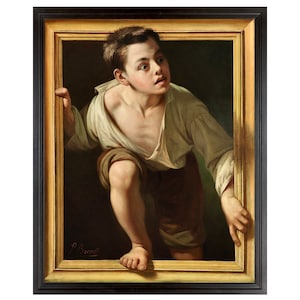 19th Century Art, Boy Escaping Through Picture Frame, Escaping Criticism, Pere Borrell del Caso, High Quality Art Print, Funny Antique Art