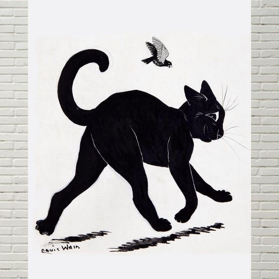 Strutting Tom Cat, Black Cat Art Print, Louis Wain, Reproduction