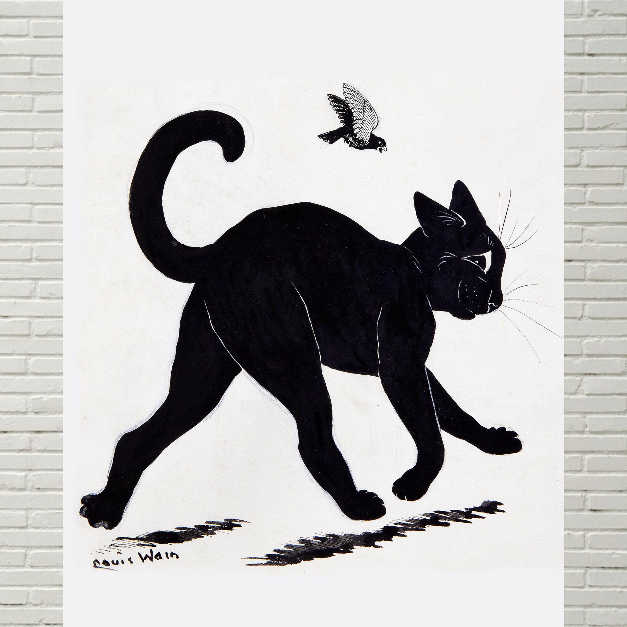 Strutting Tom Cat, Black Cat Art Print, Louis Wain, Reproduction