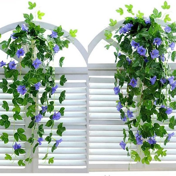 2 Pcs Artificial Vines Morning Glory Hanging Plants Silk Garland Fake Green Plant Wall Home Room Garden Wedding Indoor Outdoor (Blue)