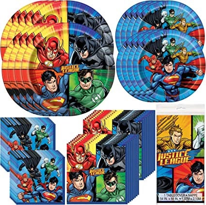 Unique Justice League Party Bundle Luncheon Beverage Napkins Dinner and Dessert Plates Table Cover