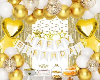 Gold Birthday Decorations, White and Gold Balloons Party Decorations Set with Happy Birthday Banner