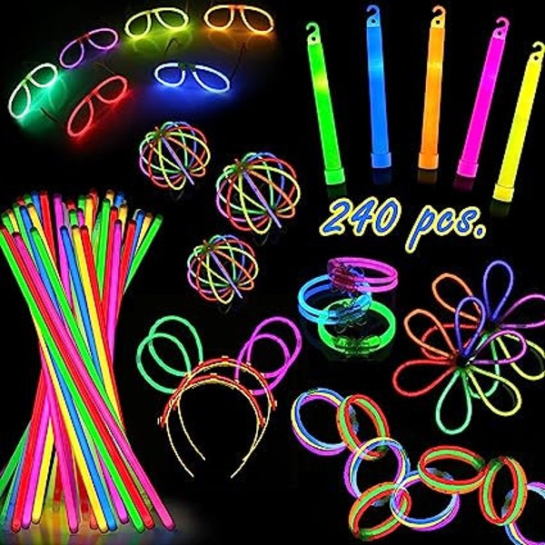 Glow Sticks Party Pack - 240 PCS That Includes, 100 Pcs 8 Inch Glow sticks,10 Pcs Ultra-Bright 6 Inch Glow Sticks