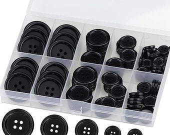 Premium 100 Pcs Resin Sewing Buttons, Eco-Friendly 4-Hole Craft Buttons, 5 Sizes of Black Round Mixed Buttons