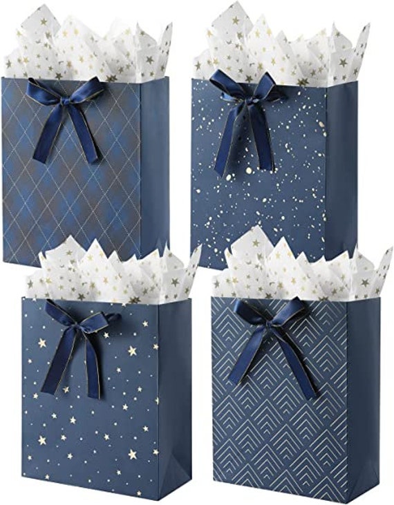 4 Pack 9 Medium Size Gift Bags Assorted Premium Blue Gift Bags With Tissue  Paper 