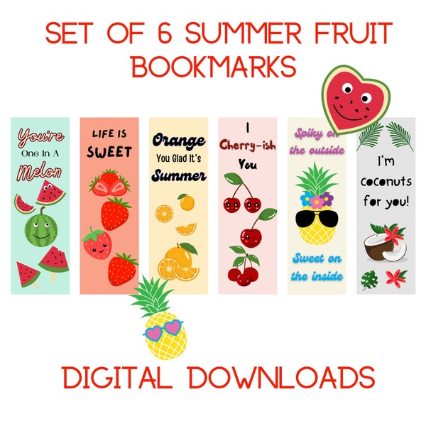Summer Fruit Bookmarks, Watermelon, Cherry, Coconut, Strawberry, Orange, Pineapple Printable Digital Download