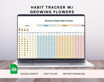 Hoja de cálculo de Google para el seguimiento de hábitos con flores en crecimiento / Seguimiento de objetivos florales en PDF / Planificador de motivación para el autocuidado y hábitos diarios
