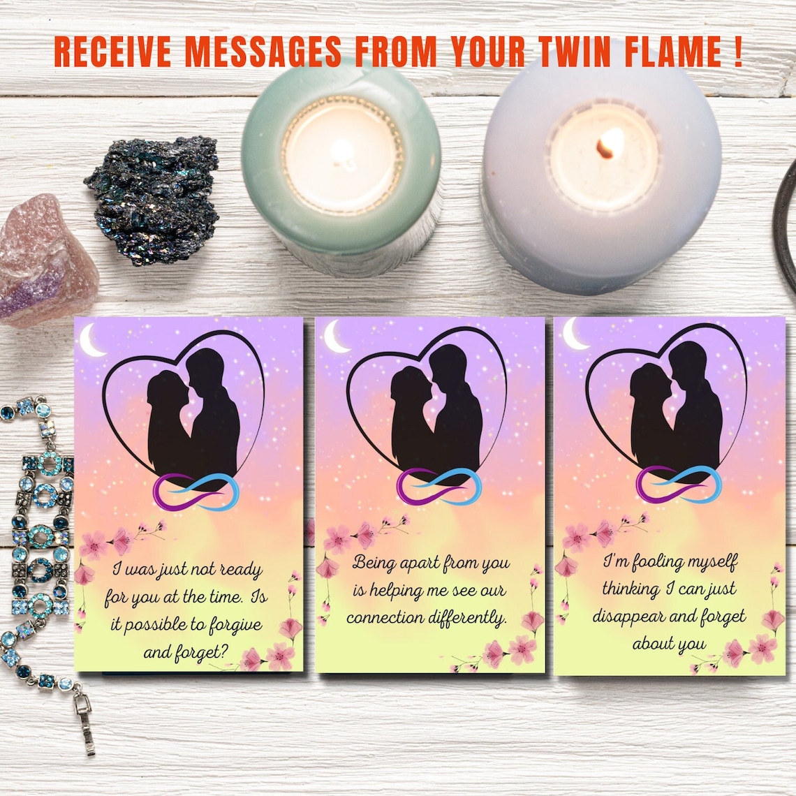 A Twin Flame Oracle Cards printable featuring The Star Cards, with celestial imagery and uplifting messages.