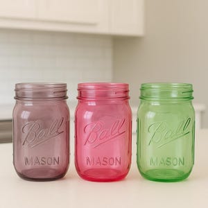 May include: Three Ball Mason jars in shades of purple, pink, and green. Each jar has a screw-on lid and the Ball Mason logo embossed on the front. The jars are made of glass and are empty.