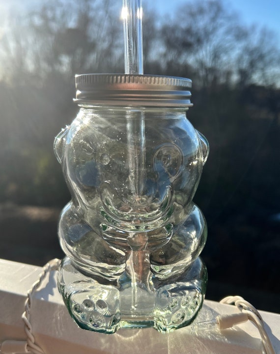 Teddy Bear Honey Golden Iced Coffee Glass Mason Jar 17 oz with Sliver Lid