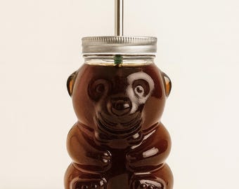 Teddy Bear Honey Golden Iced Coffee Glass Mason Jar 17 oz with Sliver Lid