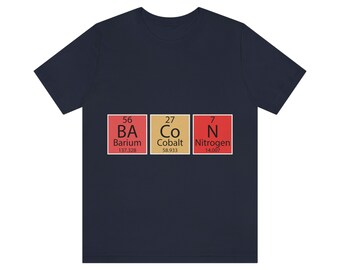 May include: A navy blue t-shirt with a graphic of three periodic table elements: Barium (Ba), Cobalt (Co), and Nitrogen (N).