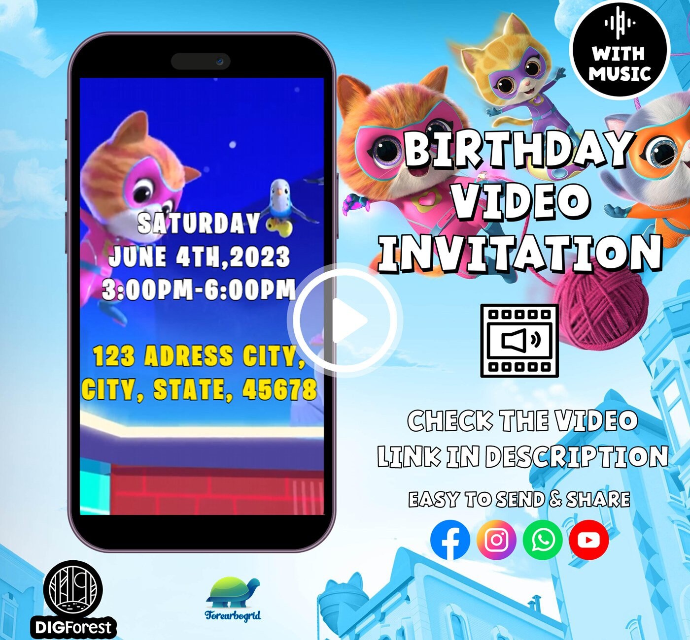 Super Kitties Editable Birthday Invitation Video Girl Etsy