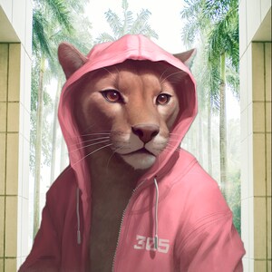 May include: A digital illustration of a cougar wearing a pink hooded sweatshirt with the number "305" on the front. The cougar has brown fur and is set against a background of palm trees and a building.