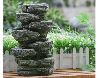 9x5x14" Natural Realistic Cascading Stone Like Polyresin Stacking Fountain with LED For Indoor and Outdoor Patio Backyard Decoration