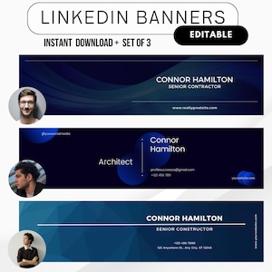 Könnte beinhalten: Drei bearbeitbare LinkedIn-Banner-Vorlagen mit dunkelblauem Hintergrund und weißem Text. Das erste Banner zeigt ein blaues Wellendesign und den Text "CONNOR HAMILTON SENIOR CONTRACTOR www.reallygreatsite.com". Das zweite Banner zeigt ein blaues Kreisdesign und den Text "Connor Hamilton Architekt profilesuccessss@gmail.com +123 456 789 yourwebsite.com". Das dritte Banner zeigt ein blaues geometrisches Design und den Text "CONNOR HAMILTON SENIOR CONSTRUCTOR -123-456-7890 123 Anywhere St., Any City, ST 12345 www.yourwebsite.com".