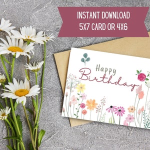 Gelukkige verjaardagskaart | Fijne verjaardag | Afdrukbare kaart | Digitale download | Digitale verjaardagskaart | Bloemen verjaardagskaart | Thuis afdrukken