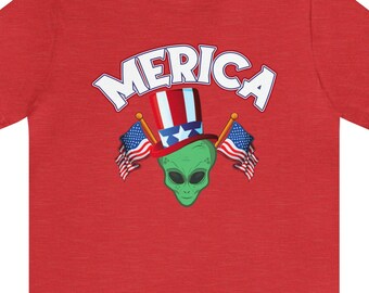 Alien Americana Merica Funny Shirt - Unisex Jersey Short Sleeve Tee - shirts for 4th of July - Patriotic - UFO - Aliens