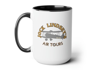 Tazas de café de dos tonos de Jock Lindsey's Air Tours de 15 oz. Divertida parodia de Indy. Regalos para fanáticos de Indy. Aventura arqueológica