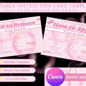 May include: Pink instruction cards for press-on nails, with instructions for removal and application. The cards include the text "How to Remove" and "How to Apply", along with step-by-step guides. The cards are 6 x 4 inches in size.