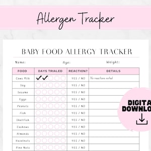 Tracciatore degli allergeni dei primi alimenti, tracciatore delle allergie alimentari, inizio dei cibi solidi, introduzione delle allergie, reazioni agli alimenti per bambini, registro dei primi alimenti per bambini, pdf