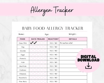 Puede incluir: Un rastreador de alergias a los alimentos para bebés imprimible con un fondo rosa. El rastreador incluye una lista de alérgenos comunes, una sección para registrar la cantidad de días que se ha probado un alimento y una sección para registrar las reacciones. El rastreador también incluye una sección para los detalles sobre la reacción.