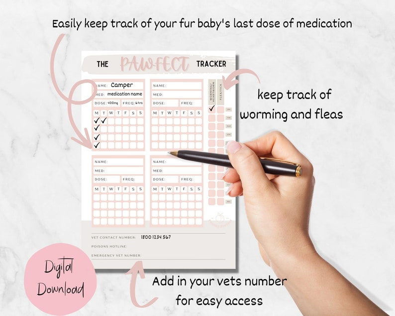 Puede incluir: Un rastreador de medicamentos para mascotas imprimible con un esquema de color rosa y blanco. El rastreador tiene secciones para el nombre del medicamento, la dosis, la frecuencia y los d&iacute;as de la semana. Tambi&eacute;n incluye una secci&oacute;n para la informaci&oacute;n de contacto del veterinario. El texto "THE PAW-FECT TRACKER" est&aacute; en la parte superior de la p&aacute;gina.
