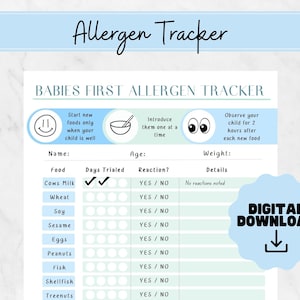 Puede incluir: Un gráfico de seguimiento de alérgenos de alimentos para bebés imprimible con un fondo azul claro. El gráfico incluye una lista de verificación para rastrear la introducción de alérgenos comunes, que incluyen leche de vaca, trigo, soja, sésamo, huevos, cacahuetes, pescado, mariscos y frutos secos. El gráfico también incluye secciones para registrar la edad, el peso y los detalles de cualquier reacción.