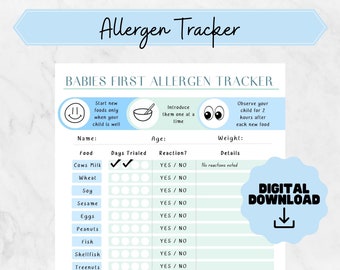 Puede incluir: Un gráfico de seguimiento de alérgenos de alimentos para bebés imprimible con un fondo azul claro. El gráfico incluye una lista de verificación para rastrear la introducción de alérgenos comunes, que incluyen leche de vaca, trigo, soja, sésamo, huevos, cacahuetes, pescado, mariscos y frutos secos. El gráfico también incluye secciones para registrar la edad, el peso y los detalles de cualquier reacción.