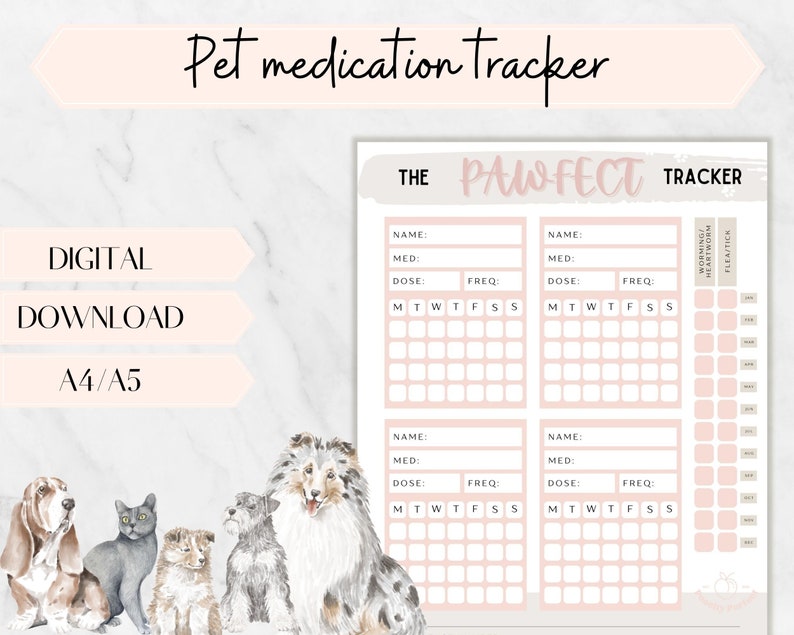 Puede incluir: Un rastreador de medicamentos para mascotas imprimible con un esquema de color rosa y blanco. El rastreador tiene cuatro secciones para diferentes medicamentos, cada una con campos para el nombre de la mascota, el medicamento, la dosis, la frecuencia y una cuadr&iacute;cula de calendario para rastrear las dosis diarias. El rastreador tambi&eacute;n incluye una secci&oacute;n para rastrear tratamientos contra gusanos, gusanos del coraz&oacute;n y pulgas/garrapatas.